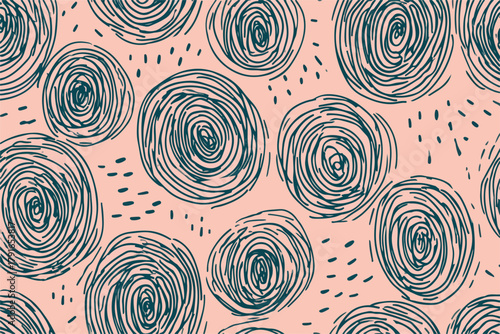手書き風の渦巻き模様とドットが描かれた、シームレスなベクターパターン背景素材。