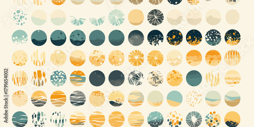 様々なテクスチャとパターンを持つ円形のイラスト素材集。抽象的でモダンなデザイン。