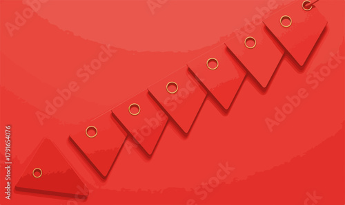 赤色の三角形タグが右肩下がりに並び、減少や下降を示すベクターグラフィック
