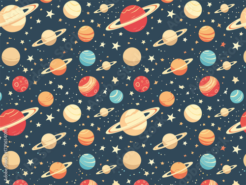 宇宙空間に浮かぶ惑星と星々が描かれた、カラフルで楽しいシームレスパターンベクターイラスト