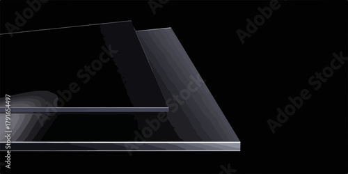 黒背景に浮かぶ幾何学的な形状、ミニマルなデザインの抽象的なグラフィック素材