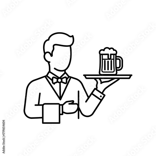Waiter Serving Beer Line Art – Vector Illustration of Restaurant Service with Drink on Tray