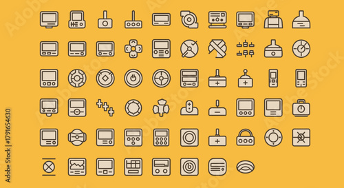 Collection of Game Controller Icons on Yellow Background.