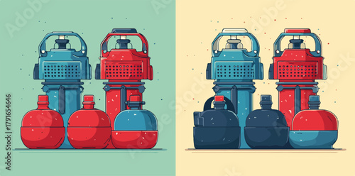 赤と青のスポーツボトルと水筒のベクターイラストレーション、健康的なライフスタイルと水分補給の概念