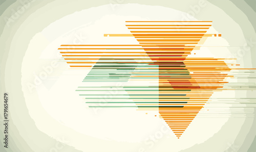 幾何学的な三角形と水平線が重なり合う抽象的なベクターアート、モダンなデザインと動きの表現