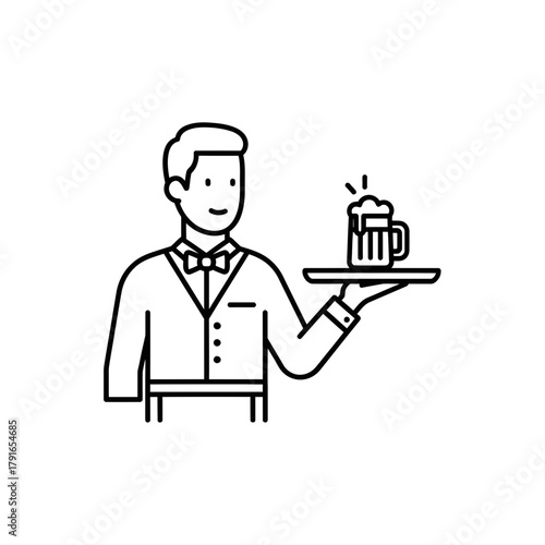 Waiter Serving Beer Line Art – Vector Illustration of Restaurant Service with Drink on Tray
