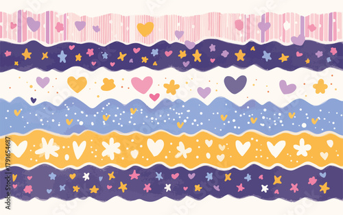 カラフルな水彩風の波線と星、ハート、花のイラスト。背景や装飾に最適なベクター素材。