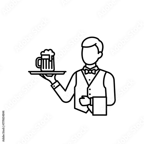 Waiter Serving Beer Line Art – Vector Illustration of Restaurant Service with Drink on Tray