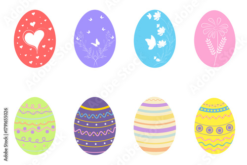A set of 8 beautifully designed Easter eggs with unique patterns: hearts, florals, stripes, and geometric shapes in pastel colors. Ideal for holiday projects and crafts.