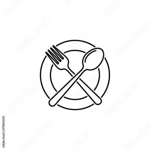 “Restaurant Cutlery Icon – Fork Spoon Plate Line Art Vector”
