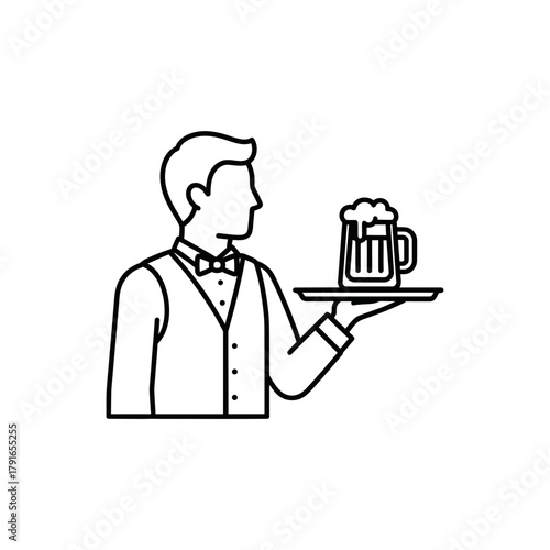 Waiter Serving Beer Line Art – Vector Illustration of Restaurant Service with Drink on Tray
