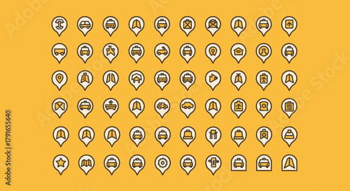 Collection of location pin icons representing various businesses and services.