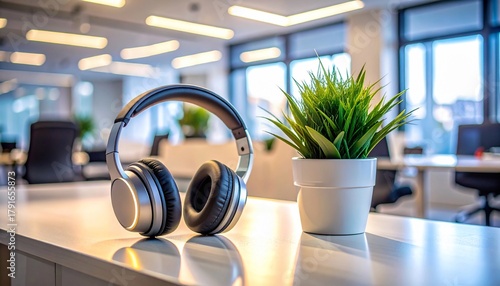 Headphones and plant on a modern office desk with workspace, concept, creativity, and focus.