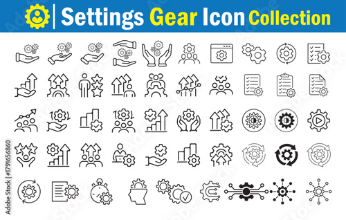 Engineering and Business Gear Icons, Team Management and Growth Concept, Vector Line and Solid Style