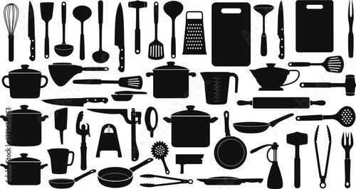 Collection of kitchen utensils silhouettes vector illustration, cooking tools and cookware set, restaurant kitchen equipment icons for food preparation design