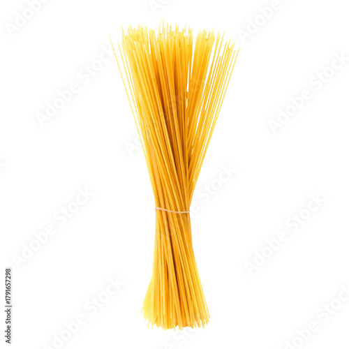 Isolated bundle of uncooked golden spaghetti pasta for cooking