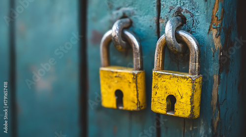 Two yellow locks are hanging on a blue door. One of the locks has a keyhole. The other lock is not keyed