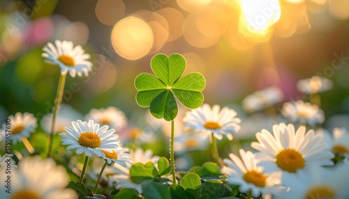 Lucky Clover in a Field of Daisies with Bathed in Golden Sunlight, and Springtime.