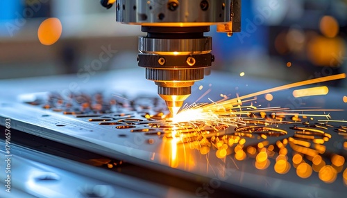 Laser cutting metal with sparks flying in industrial manufacturing factory close up.