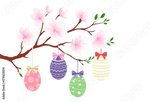 A delicate cherry blossom branch adorned with four colorful, patterned Christmas ornaments. A charming blend of spring florals and festive holiday decor.