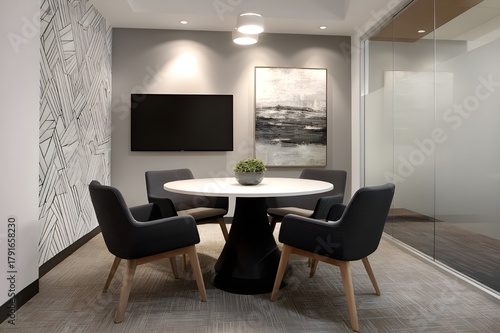 Small Huddle Room with Round Table and Four Chairs for Collaborative Modern Office Meeting Space Design