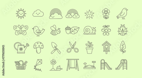 Delicate Line Art Spring Icons - Sun, Cloud, Rainbow, and More.