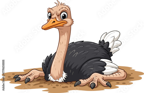 Funny cartoon ostrich sitting on ground with expressive eyes, long neck, black feathers, white tail, and clawed feet