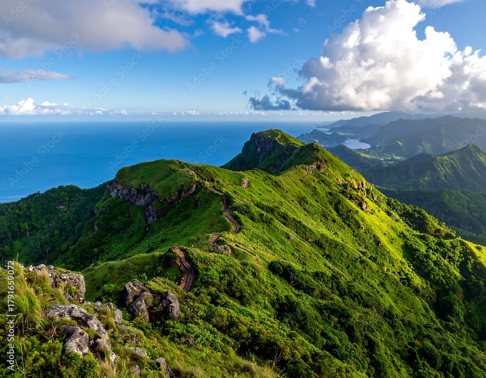 Fototapeta premium Lush green mountain range meets turquoise ocean
