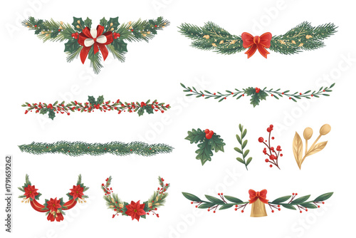 Christmas Garland and Floral Decoration Set with Holly, Poinsettia, and Red Ribbon