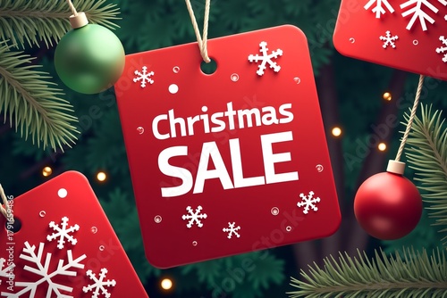 Red Christmas sale tags hang among pine branches and ornaments, festive holiday shopping scene.