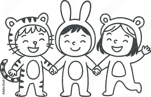 Three happy children in animal costume outfits holding hands