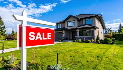 Modern Home for Sale with Sign on Lush Green Lawn with Blue Sky Real Estate.