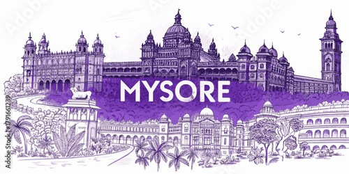 Mysore Skyline Sketch with Chamundi Hill, Mysore Palace, and St. Philomena’s Church | Cultural Art for Travel, Tourism, Poster & Souvenir Use