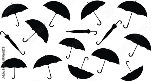 Collection of black umbrella silhouettes showing open and closed designs for rainy weather vector illustration and graphic decoration use.