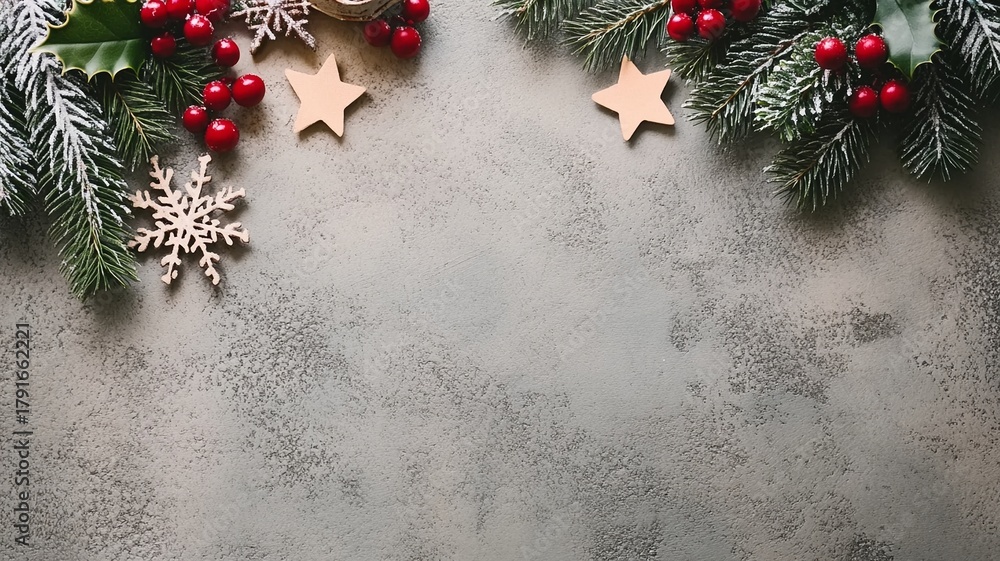 Fototapeta premium Red Berry and Star Christmas Decor on Gray Background, Festive Atmosphere Design Element (Suitable for Christmas Decoration, Festive Design, Greeting Card Materials, etc.)