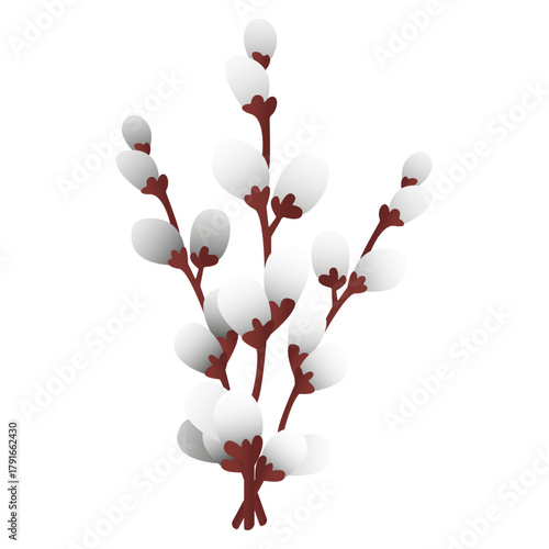 A minimalist and elegant illustration of a willow branch with soft white buds and dark brown stems. Perfect for modern design, logos, or spring-themed decor.