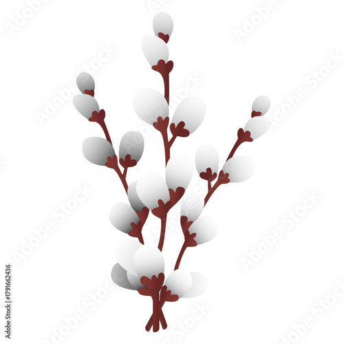 A minimalist and elegant illustration of a willow branch with soft white buds and dark brown stems. Perfect for modern design, logos, or spring-themed decor.