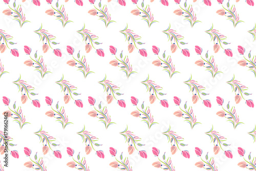 A delicate and charming seamless pattern of pink tulips with green stems on a white background. Ideal for fabric, wallpaper, or stationery designs.