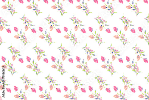 A delicate and charming seamless pattern of pink tulips with green stems on a white background. Ideal for fabric, wallpaper, or stationery designs.