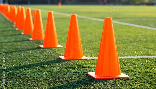 Orange Traffic Cones Lined Up on Green Artificial Turf of a Sports Field.