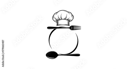 Chef Hat and Circular Cutlery Frame Vector Logo: Monochromatic Culinary Symbol for Restaurant Menu, Recipe Blog, Catering Service, Kitchen, Cooking School, and Professional Chef Branding