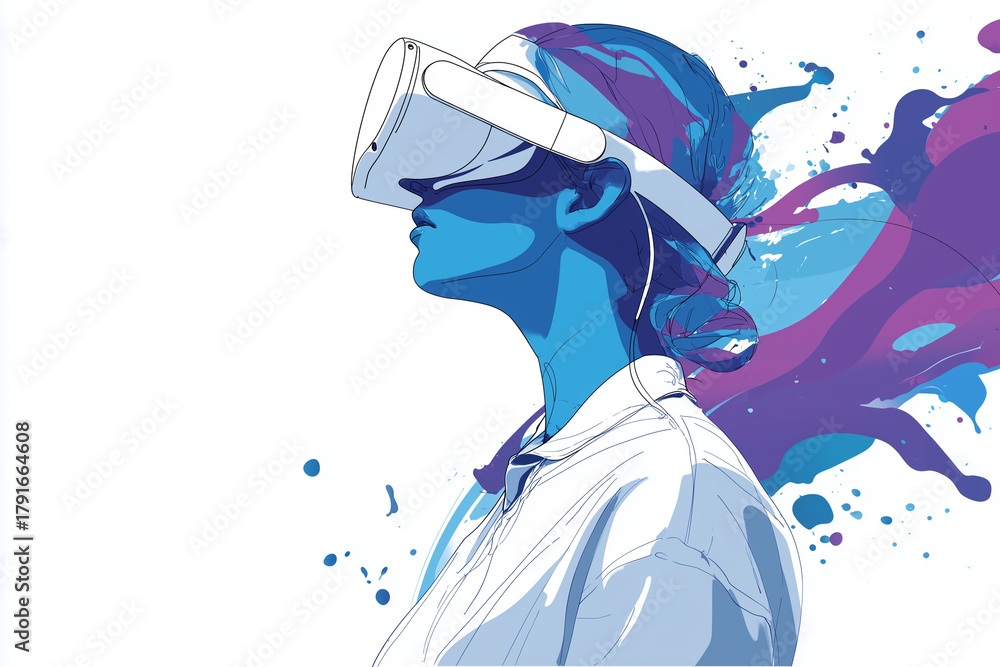 Obraz premium A digital painting of a woman wearing a virtual reality headset, her face illuminated by the glow of the screen, isolated on transparent background splashes of color surround her