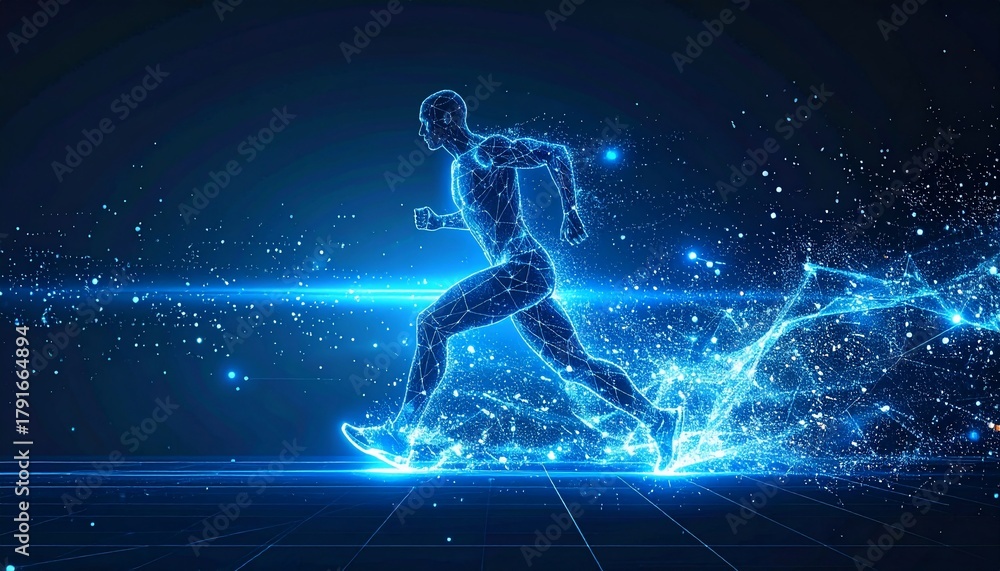 Fototapeta premium Futuristic Digital Runner Energy with Speed, Technology, and Network Concept Blue Light.