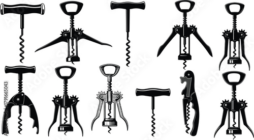 Collection of vintage and modern corkscrew wine opener silhouettes featuring different handle styles and mechanisms for bar tools design illustration.