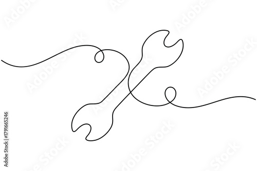Wrench hand tool continuous one line drawing on white background minimalist icon outline vector illustration