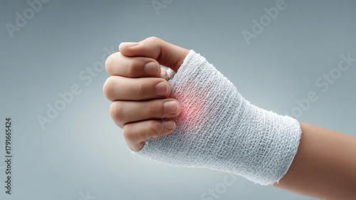 Painful hand and wrist injury with red ache, covered by white gauze bandage for medical first aid treatment and healthcare support