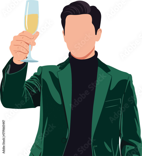 Celebratory moment captured with a man raising a champagne glass in a green jacket. Festive occasions, party, celebration, success concept.