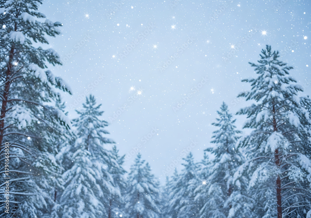 Obraz premium Winter Typography Space with Glittering Snowfall and Blurred Forest Background