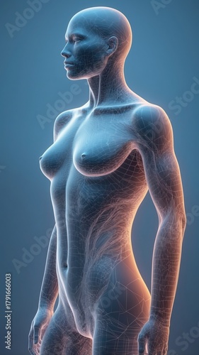 human body anatomy, A digital artwork depicting the back view of a human figure with a prominent spine illuminated