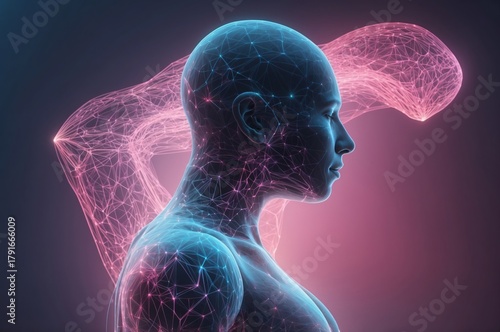 3d rendered illustration of a human brain, A digital illustration features the silhouette of a human figure with a detailed depiction 